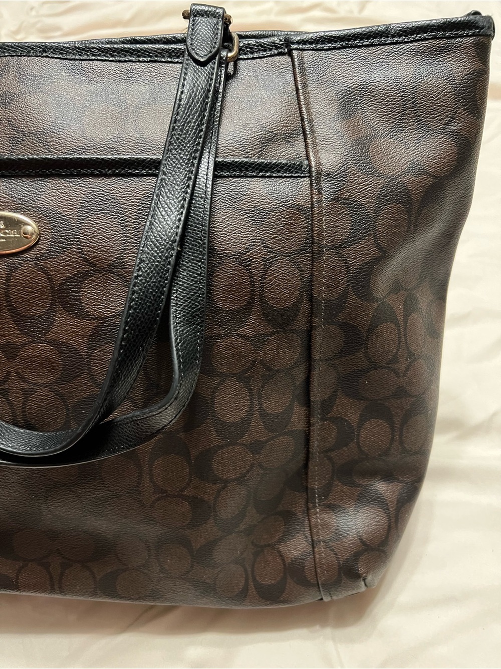 Coach Brown Signature Tote with Black Leather Straps - Picture 3 of 13